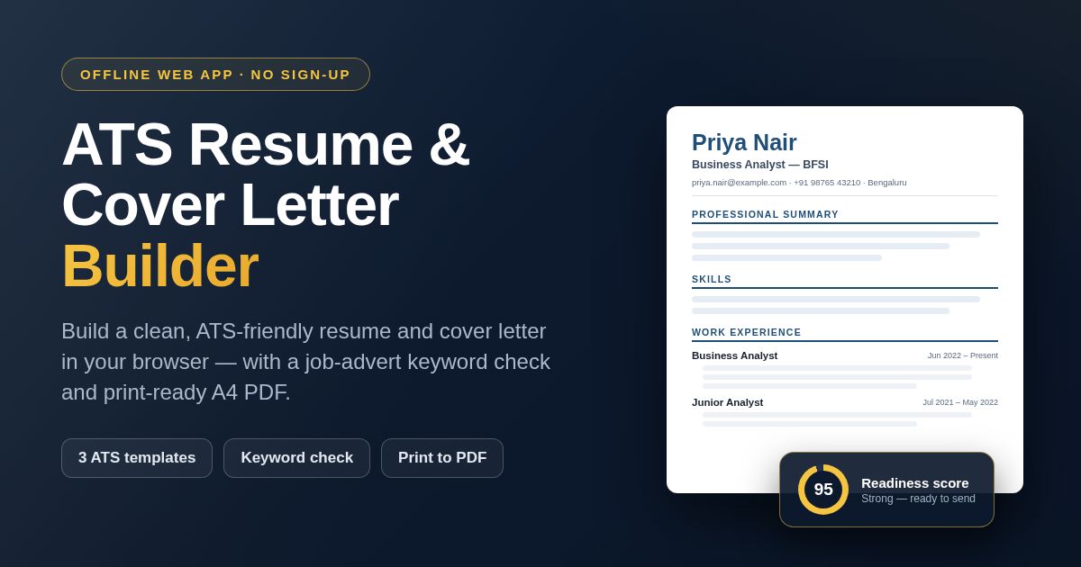 ATS Resume & Cover Letter Builder — offline web app